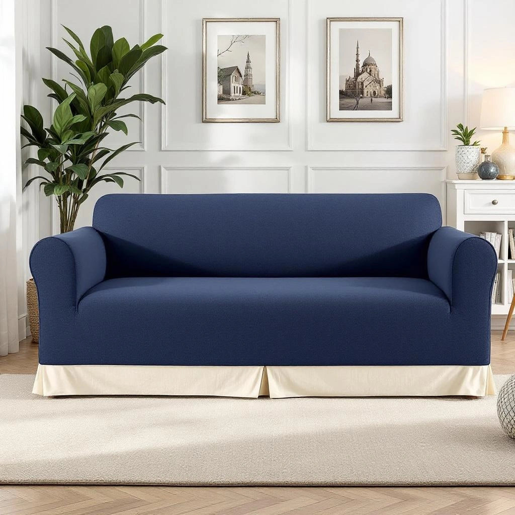 Capa de sofá Jacquard azul marinho em sala clássica moderna - Vittara Decor