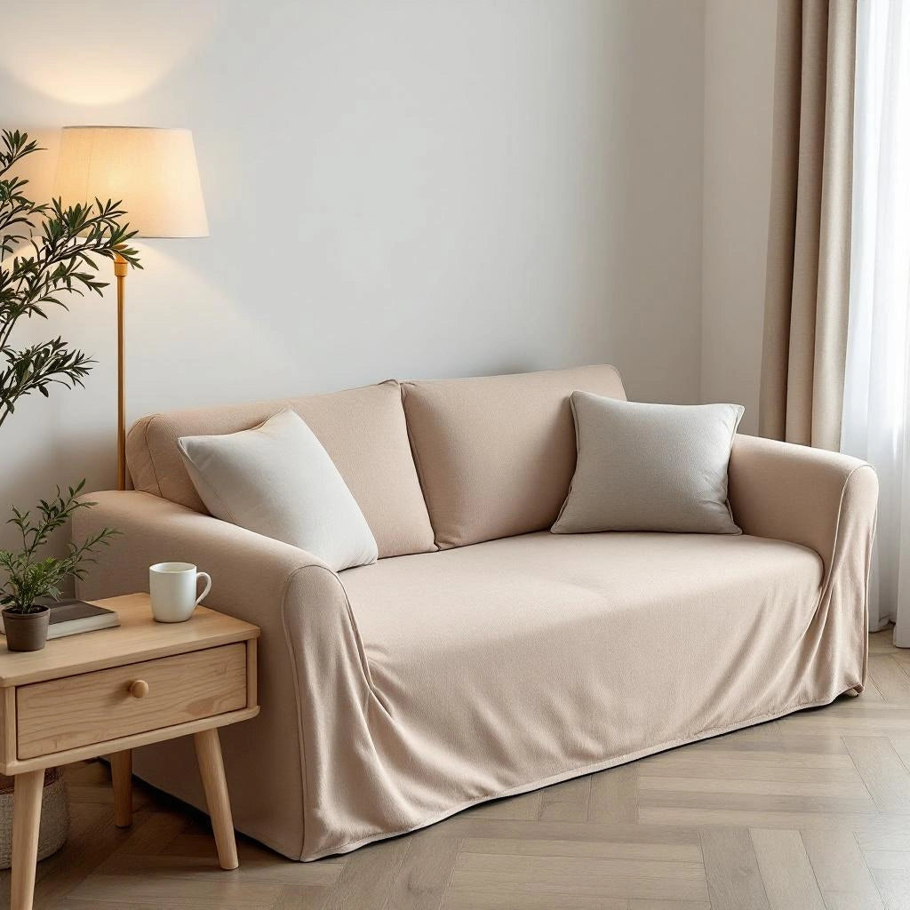 Capa de sofá Jacquard bege amarelado em sala de estar aconchegante - Vittara Decor