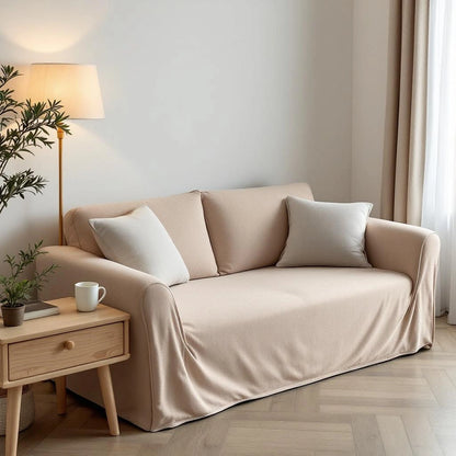 Capa de sofá Jacquard bege amarelado em sala de estar aconchegante - Vittara Decor