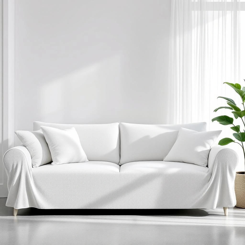 Capa de sofá Jacquard branco em sala ampla com luz natural - Vittara Decor