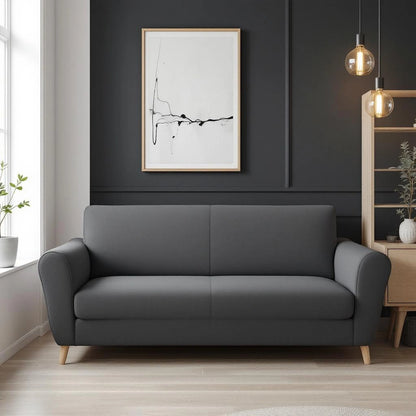 Capa de sofá Jacquard cinza escuro em sala contemporânea com parede de destaque - Vittara Decor