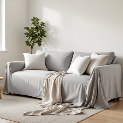 Capa de sofá ajustável em Jacquard cinza claro em sala nórdica minimalista - Vittara Decor