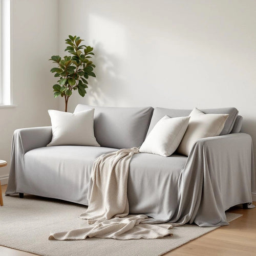 Capa de sofá ajustável em Jacquard cinza claro em sala nórdica minimalista - Vittara Decor