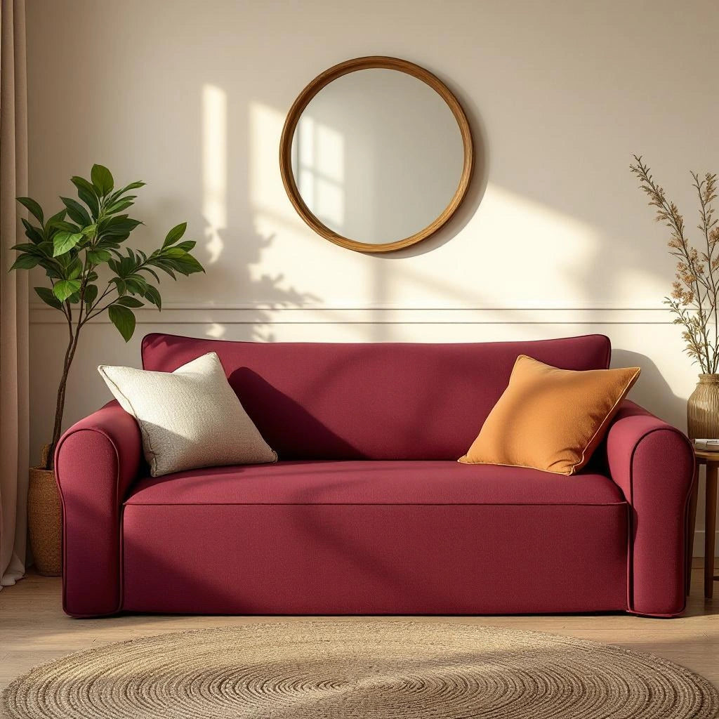Capa de sofá Jacquard vinho em sala com decoração quente e espelho redondo - Vittara Decor