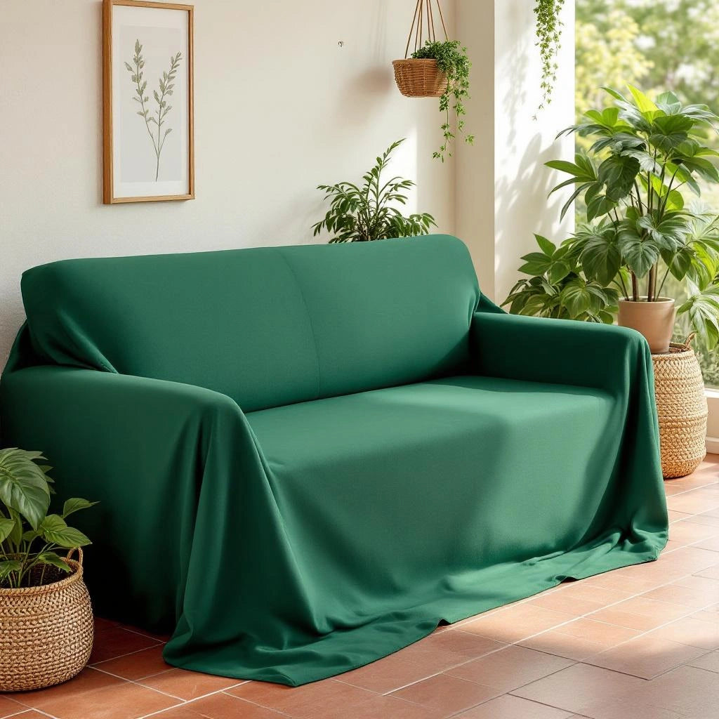 Capa de sofá Jacquard verde pinho em varanda coberta com plantas - Vittara Decor