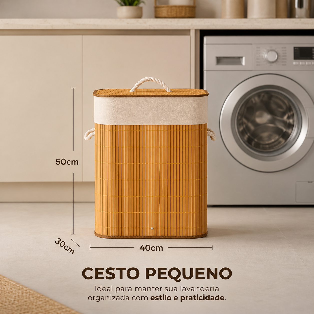 Medidas do cesto de roupa suja de bambu de 60 litros: 40 por 30 por 50 cm