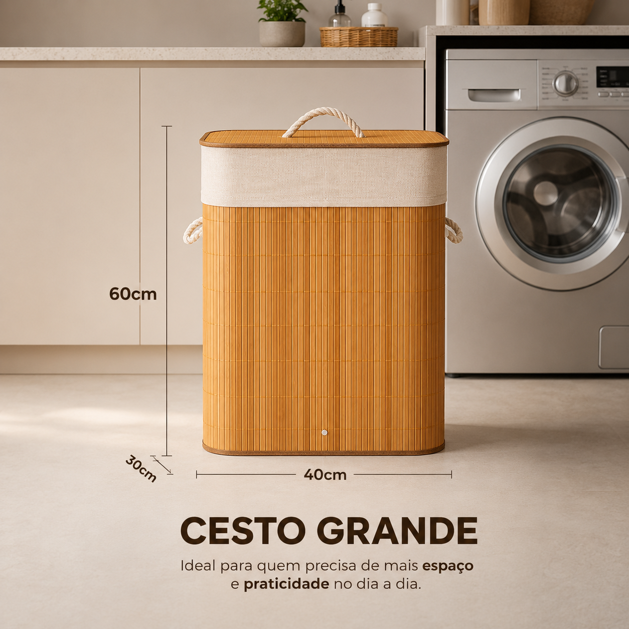 Medidas do cesto de roupa suja de bambu de 72 litros: 40 por 30 por 60 cm