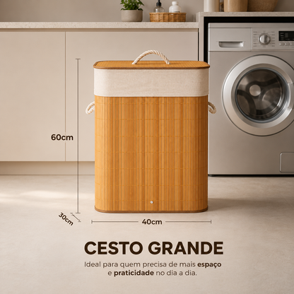 Medidas do cesto de roupa suja de bambu de 72 litros: 40 por 30 por 60 cm