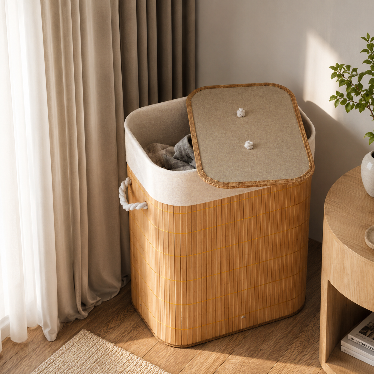 Cesto de roupa suja de bambu aberto com a tampa apoiada e roupa dentro