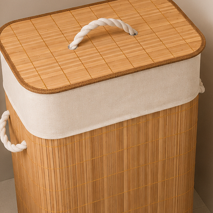 Detalhe da tampa de ripas de bambu e da alca de corda do cesto de roupa suja