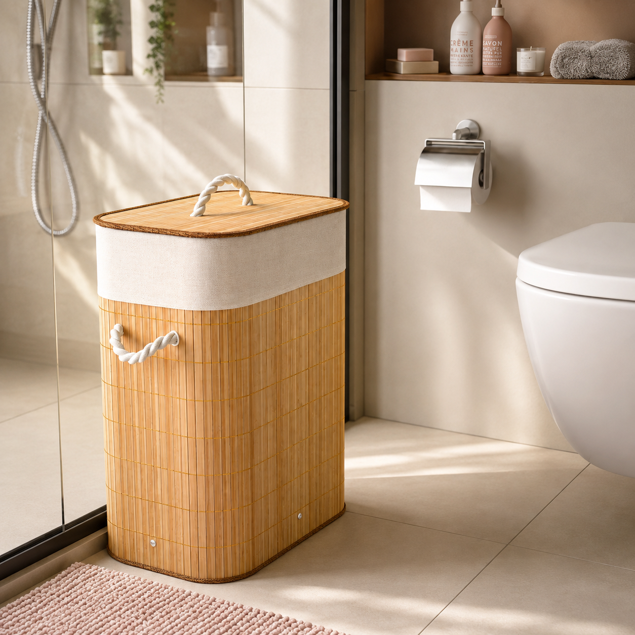 Cesto de roupa suja de bambu com tampa no banheiro ao lado do box