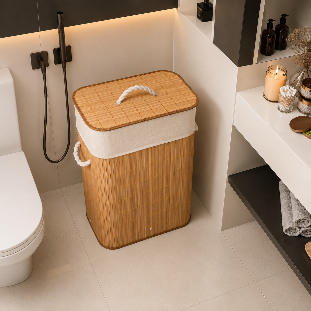 Cesto de roupa suja de bambu fechado no lavabo visto de cima