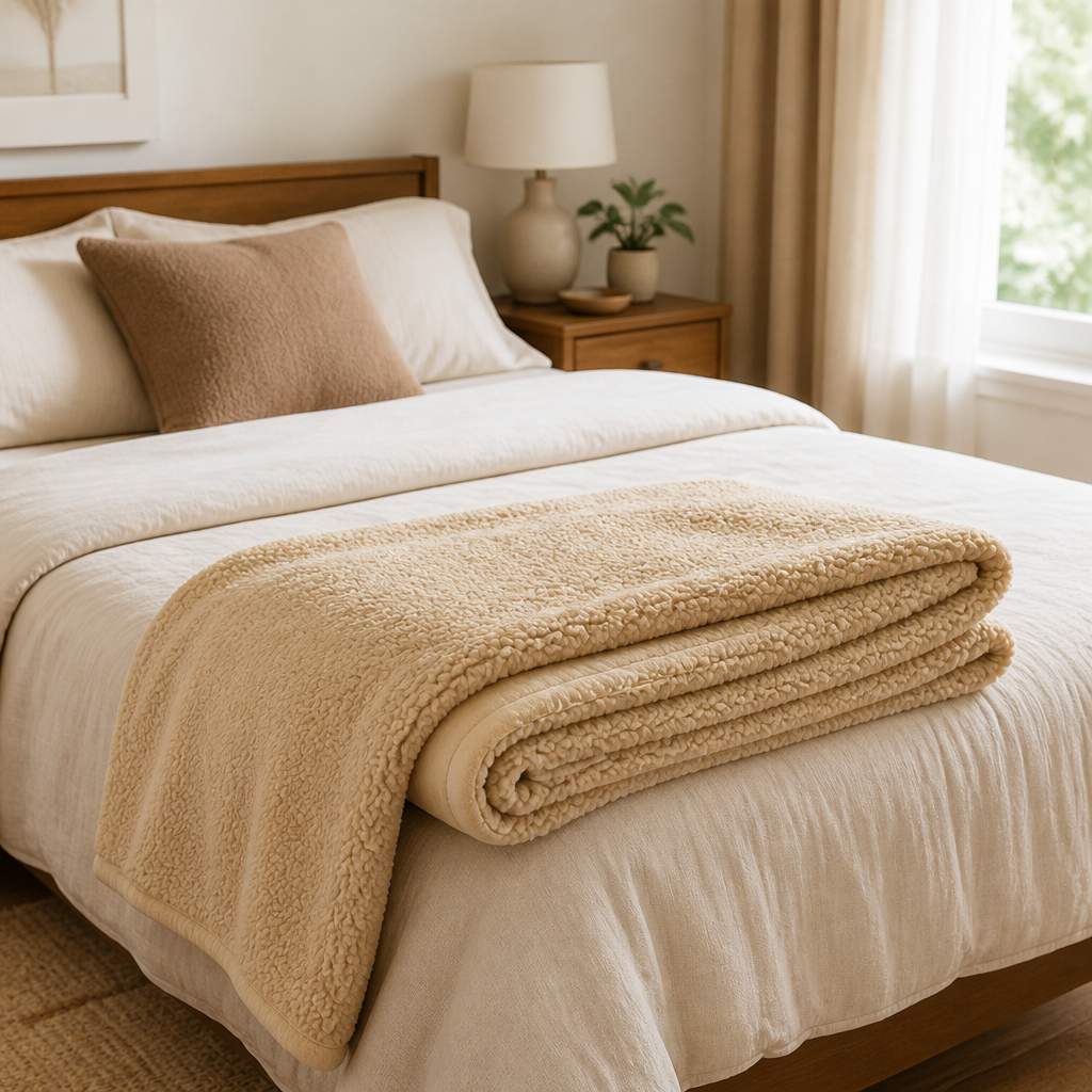 Cobertor sherpa dupla face caramelo dobrado no pe da cama de casal - Vittara Decor
