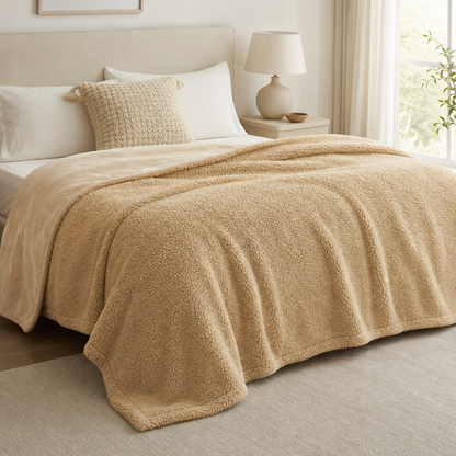 Cobertor sherpa dupla face caramelo estendido sobre cama de casal - Vittara Decor