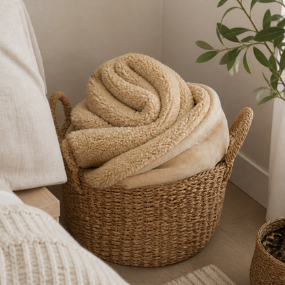Cobertor sherpa dupla face caramelo enrolado em cesto no quarto - Vittara Decor