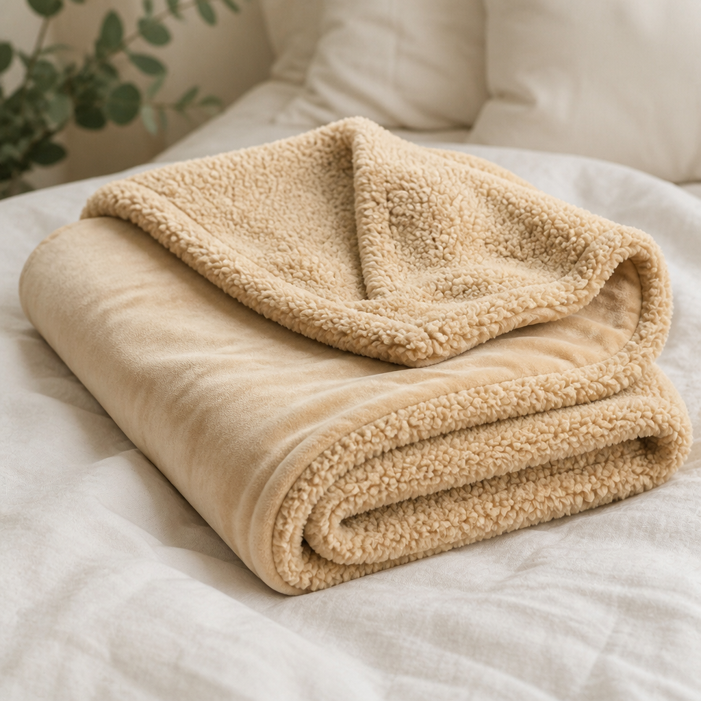 Detalhe do cobertor sherpa dupla face com flanela caramelo e sherpa creme - Vittara Decor