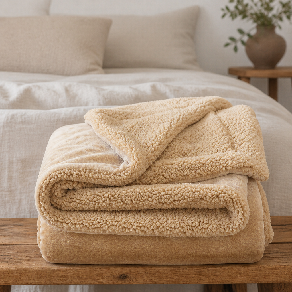 Cobertor sherpa dupla face caramelo dobrado em banco no pe da cama - Vittara Decor