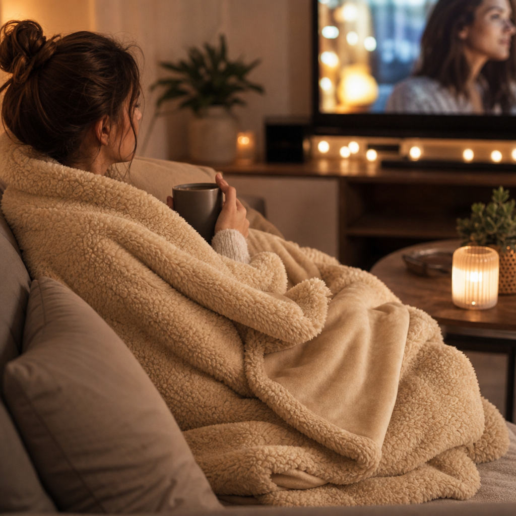 Cobertor sherpa dupla face caramelo enrolado em pessoa no sofa no inverno - Vittara Decor