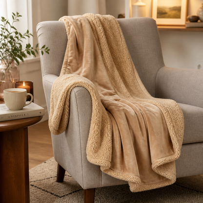 Cobertor sherpa dupla face caramelo sobre poltrona de leitura aconchegante - Vittara Decor