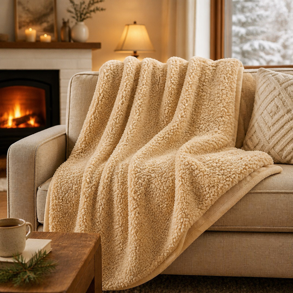 Cobertor sherpa dupla face caramelo sobre sofa com lado felpudo a mostra - Vittara Decor