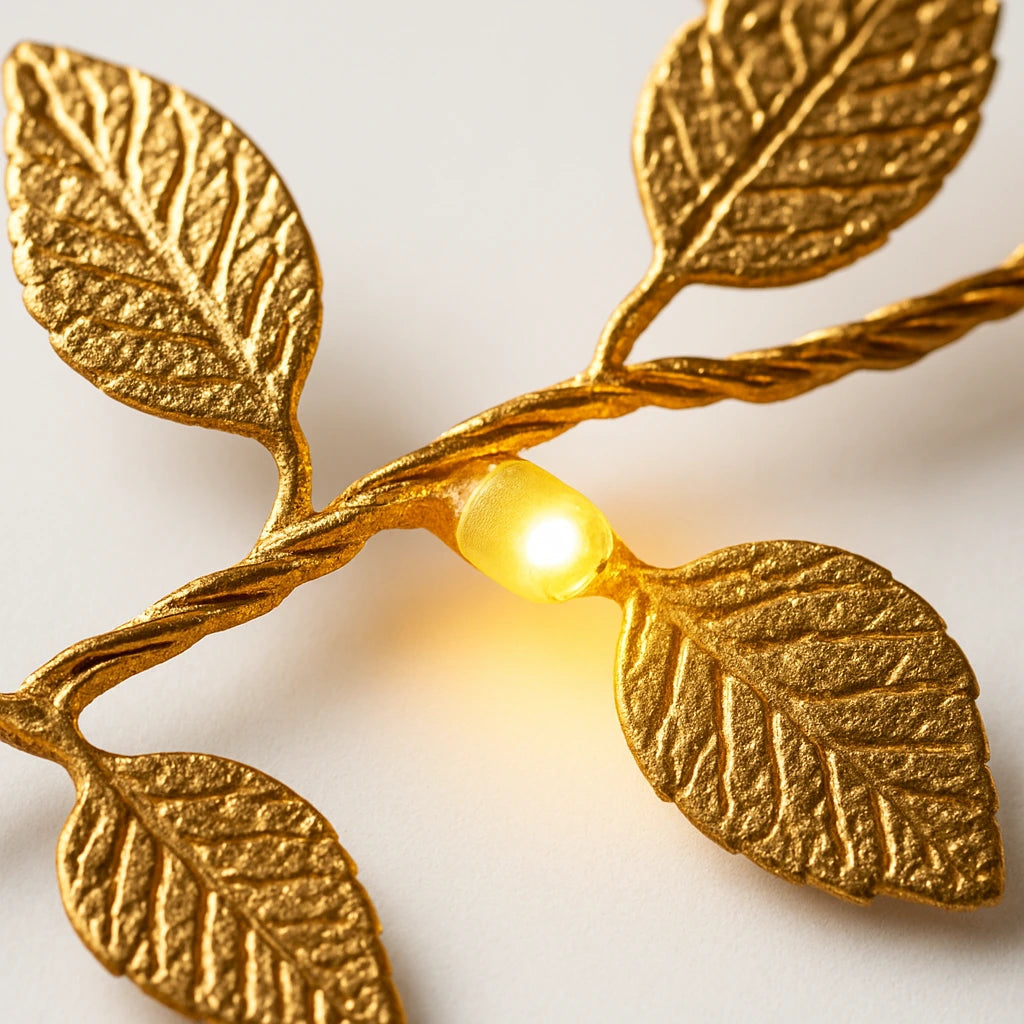 Detalhe macro das folhas douradas metálicas do Cordão de Luzes LED Decorativo — Vittara Decor