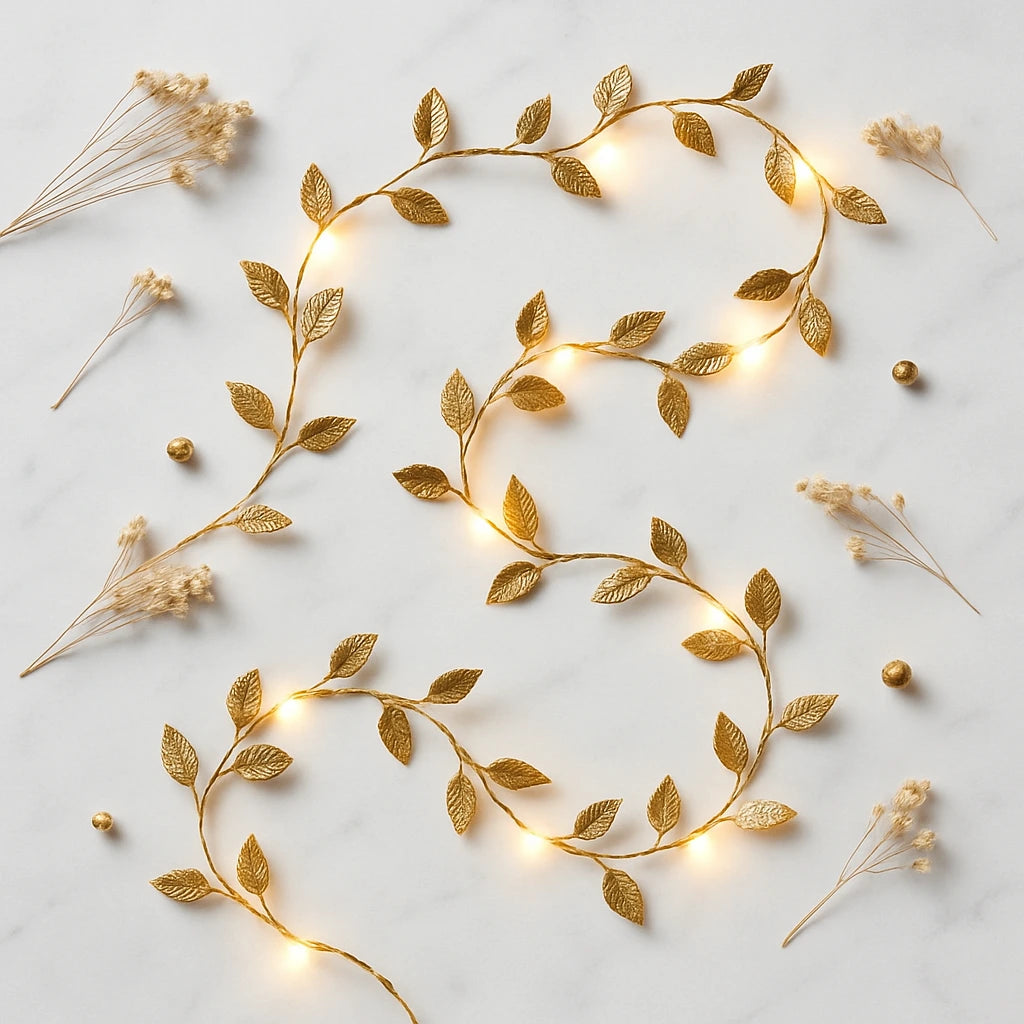 Flat lay nórdico do Cordão de Luzes LED com Folhas Douradas e props decorativos — Vittara Decor