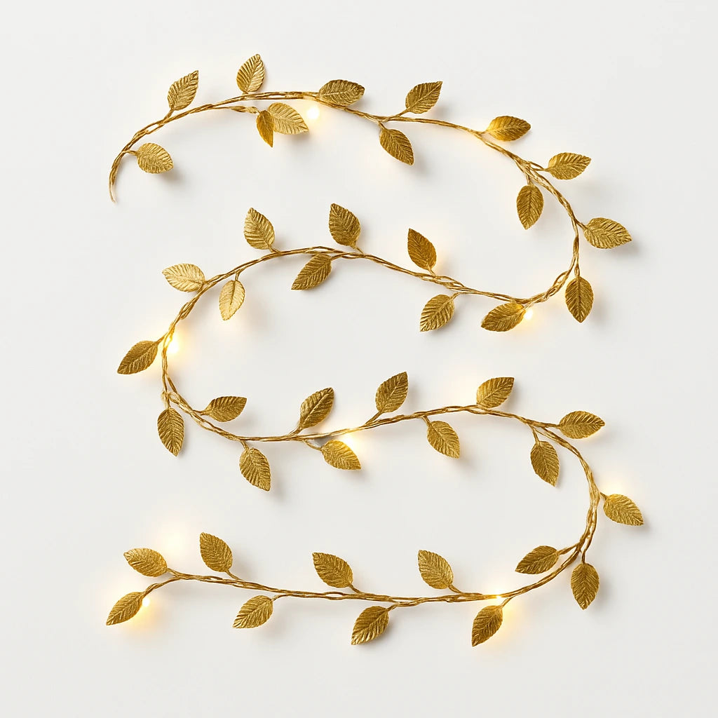 Cordão de Luzes LED Decorativo com Folhas Douradas — fundo branco estúdio — Vittara Decor