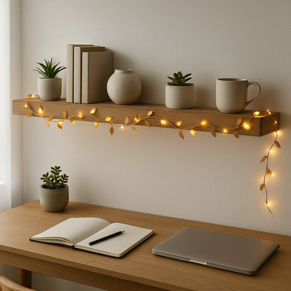 Cordão de Luzes LED Folhas Douradas em prateleira de home office minimalista — Vittara Decor