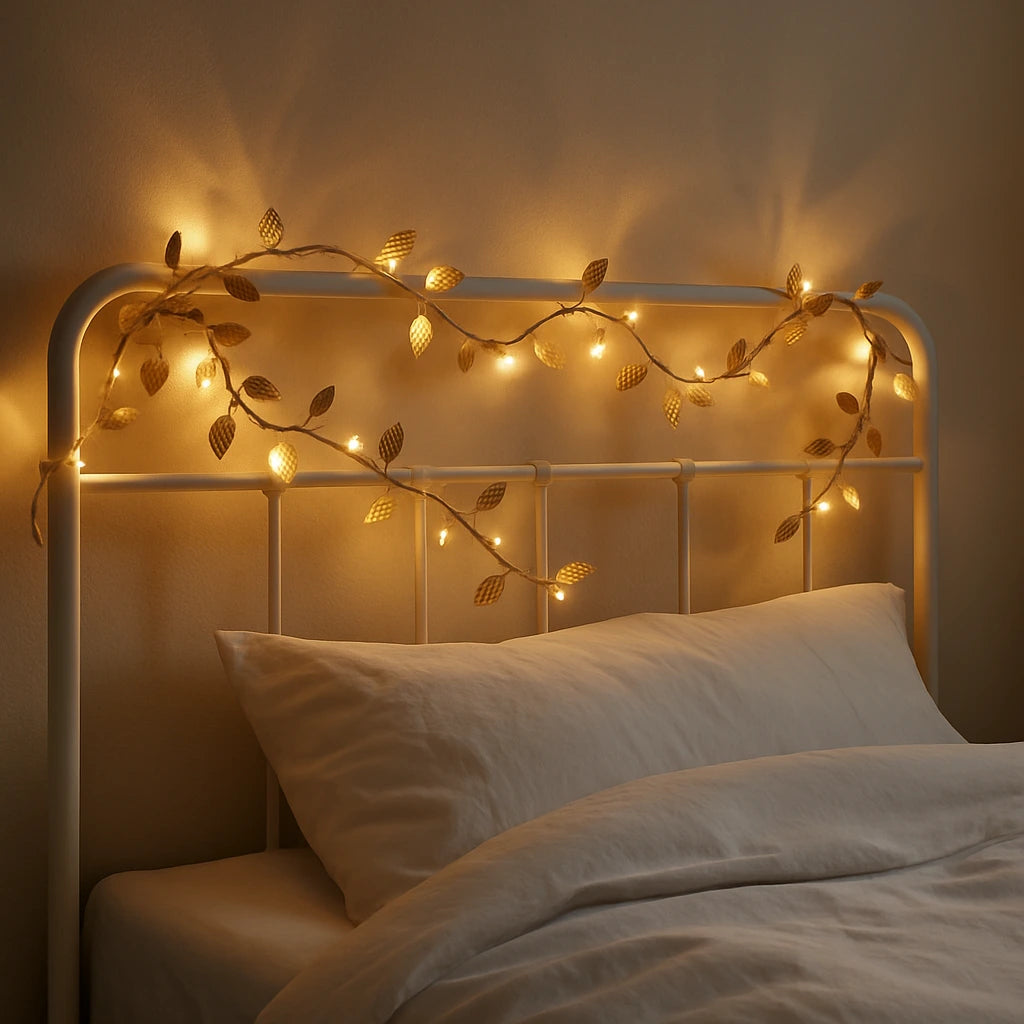 Cordão de Luzes LED Folhas Douradas na cabeceira de quarto nórdico romântico — Vittara Decor