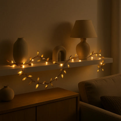 Cordão de Luzes LED com Folhas Douradas decorando prateleira em sala nórdica noturna — Vittara Decor