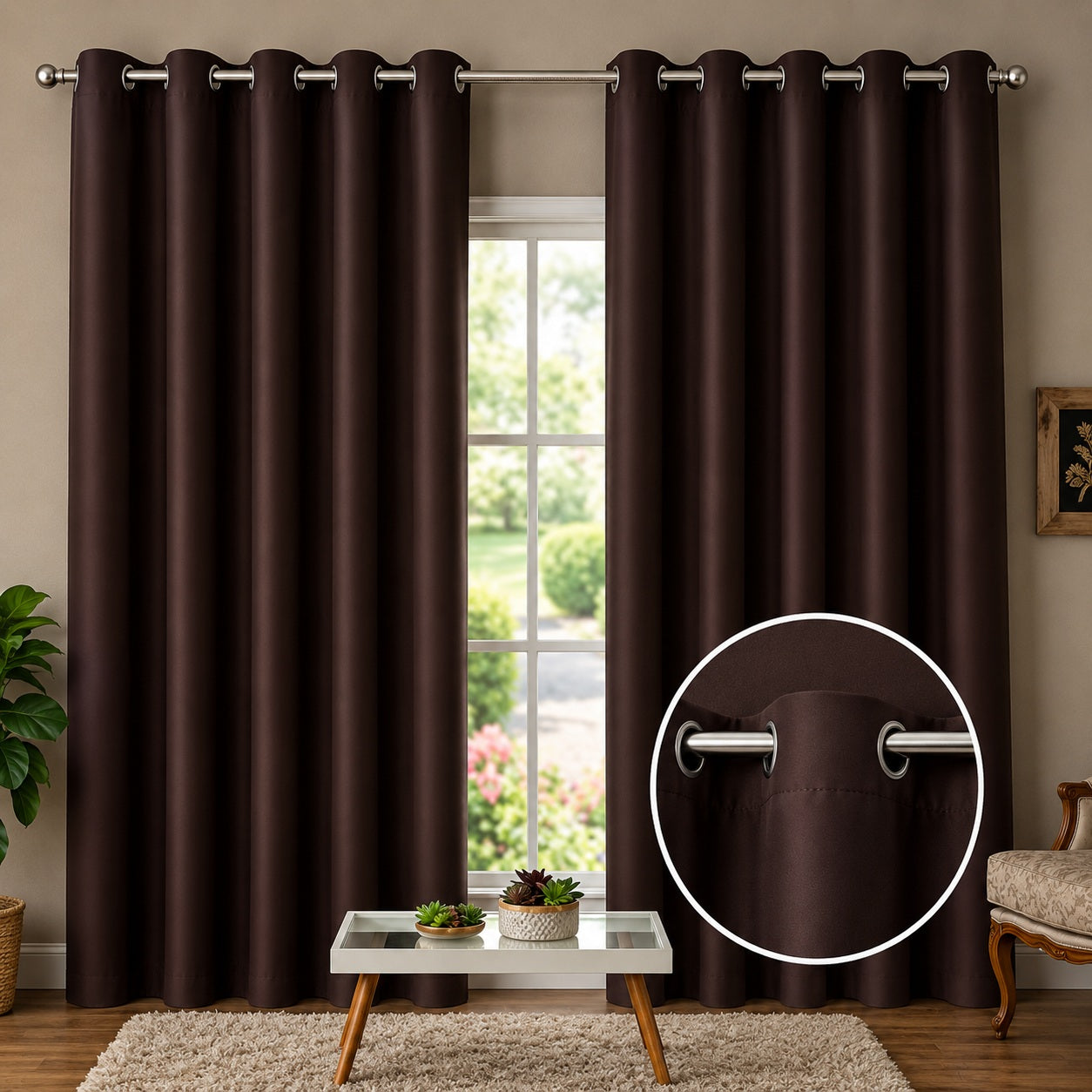 Cortina blackout Marrom escuro em sala com poltrona e piso de madeira - Vittara Decor