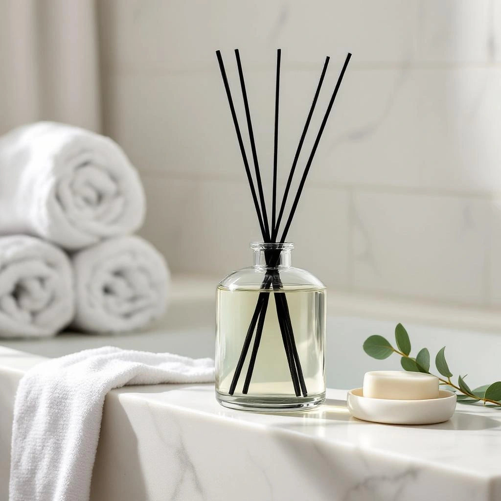 Difusor de Aromaterapia em banheiro estilo spa com toalhas e eucalipto — Vittara Decor
