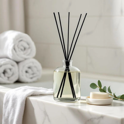 Difusor de Aromaterapia em banheiro estilo spa com toalhas e eucalipto — Vittara Decor