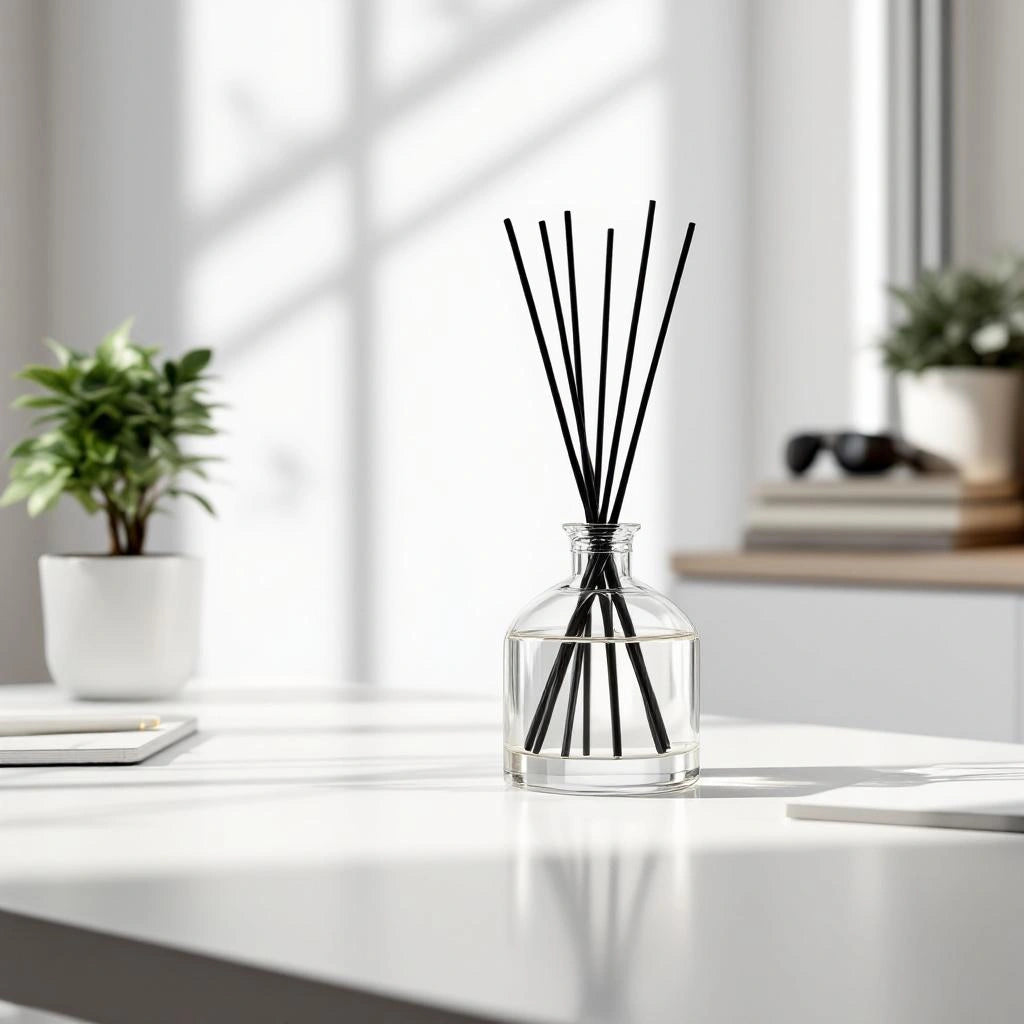 Difusor de Aromaterapia Vidro em home office minimalista branco — Vittara Decor