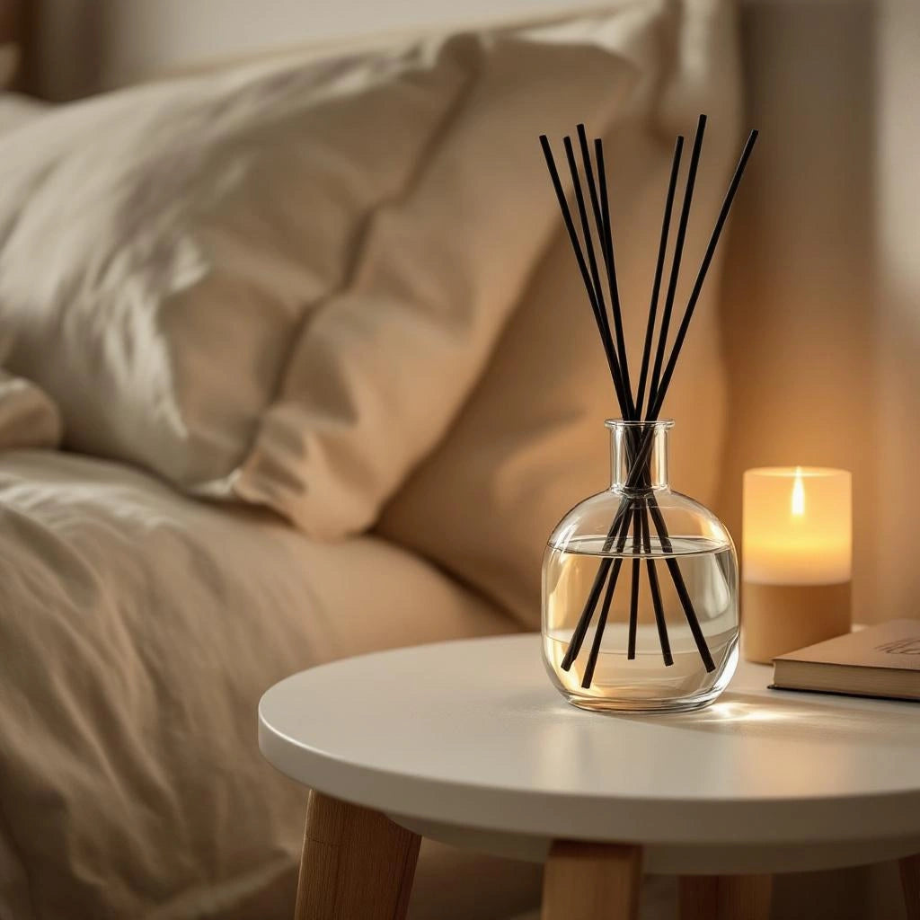 Difusor de Aromaterapia na cabeceira de quarto nórdico com luz quente — Vittara Decor