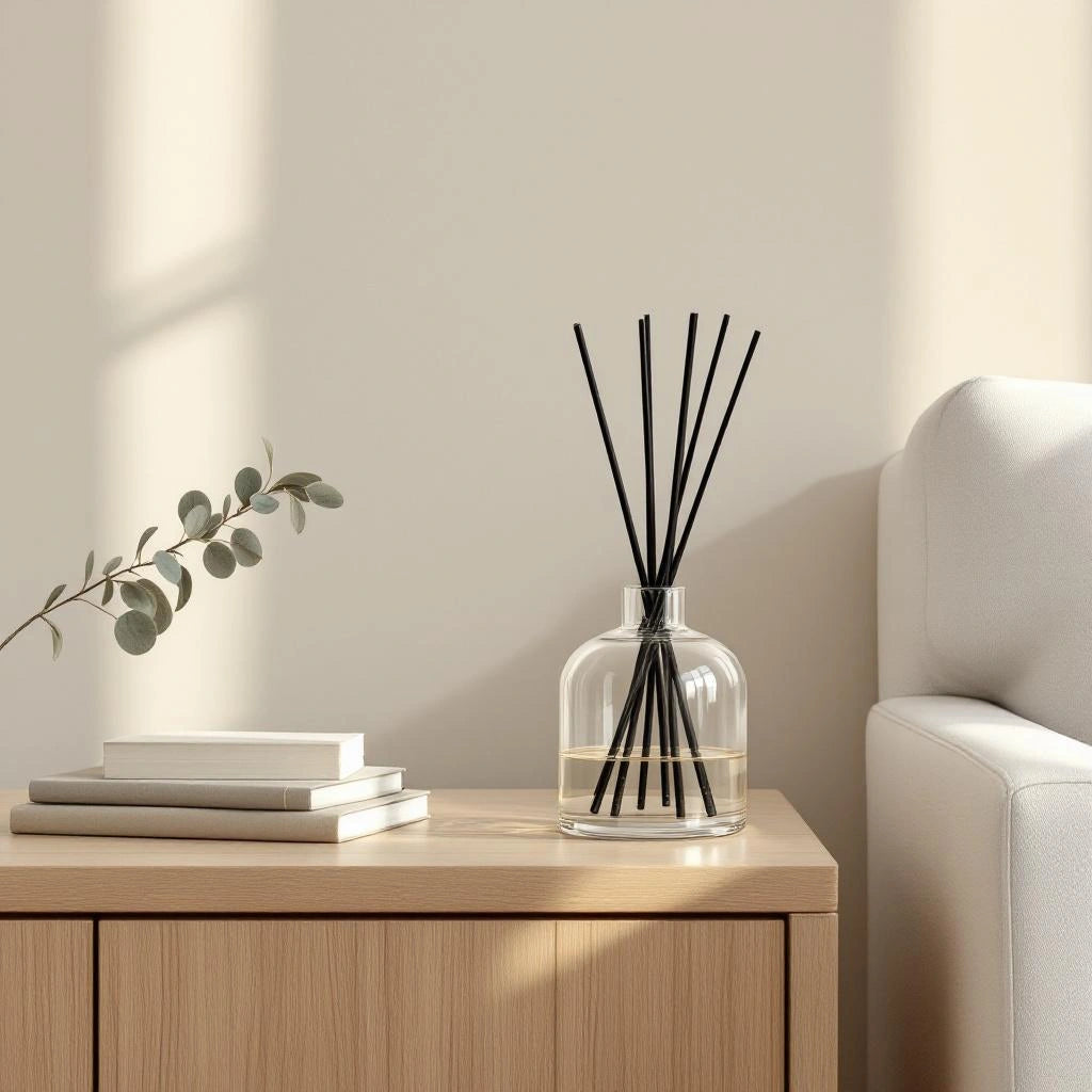 Difusor de Aromaterapia em aparador de sala minimalista com eucalipto — Vittara Decor