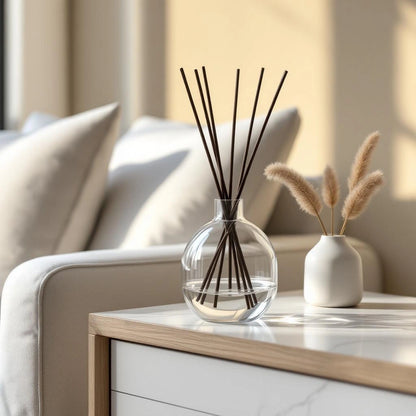 Difusor de Aromaterapia em Vidro Transparente em aparador de sala nórdica — Vittara Decor