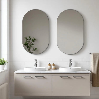 Espelhos decorativos ovais em acrílico adesivo acima da bancada do banheiro - Vittara Decor