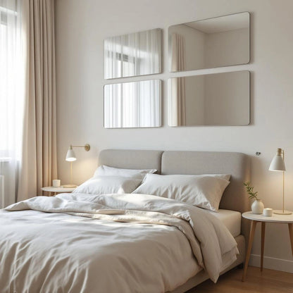 Espelhos acrílico adesivos arredondados na parede do quarto atrás da cabeceira - Vittara Decor