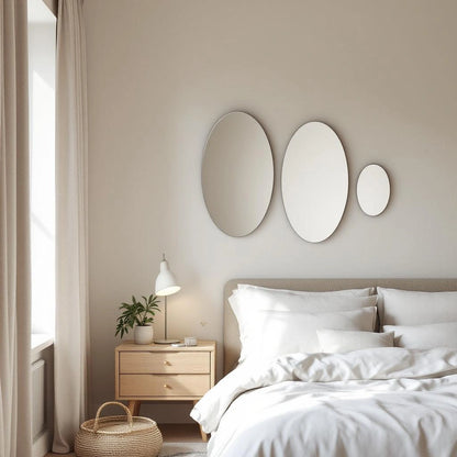 Espelhos ovais adesivos em acrílico em composição no quarto de hóspedes - Vittara Decor