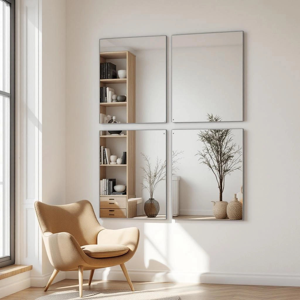 Painel de quatro espelhos retangulares em acrílico adesivo na sala de estar - Vittara Decor