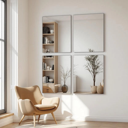 Painel de quatro espelhos retangulares em acrílico adesivo na sala de estar - Vittara Decor