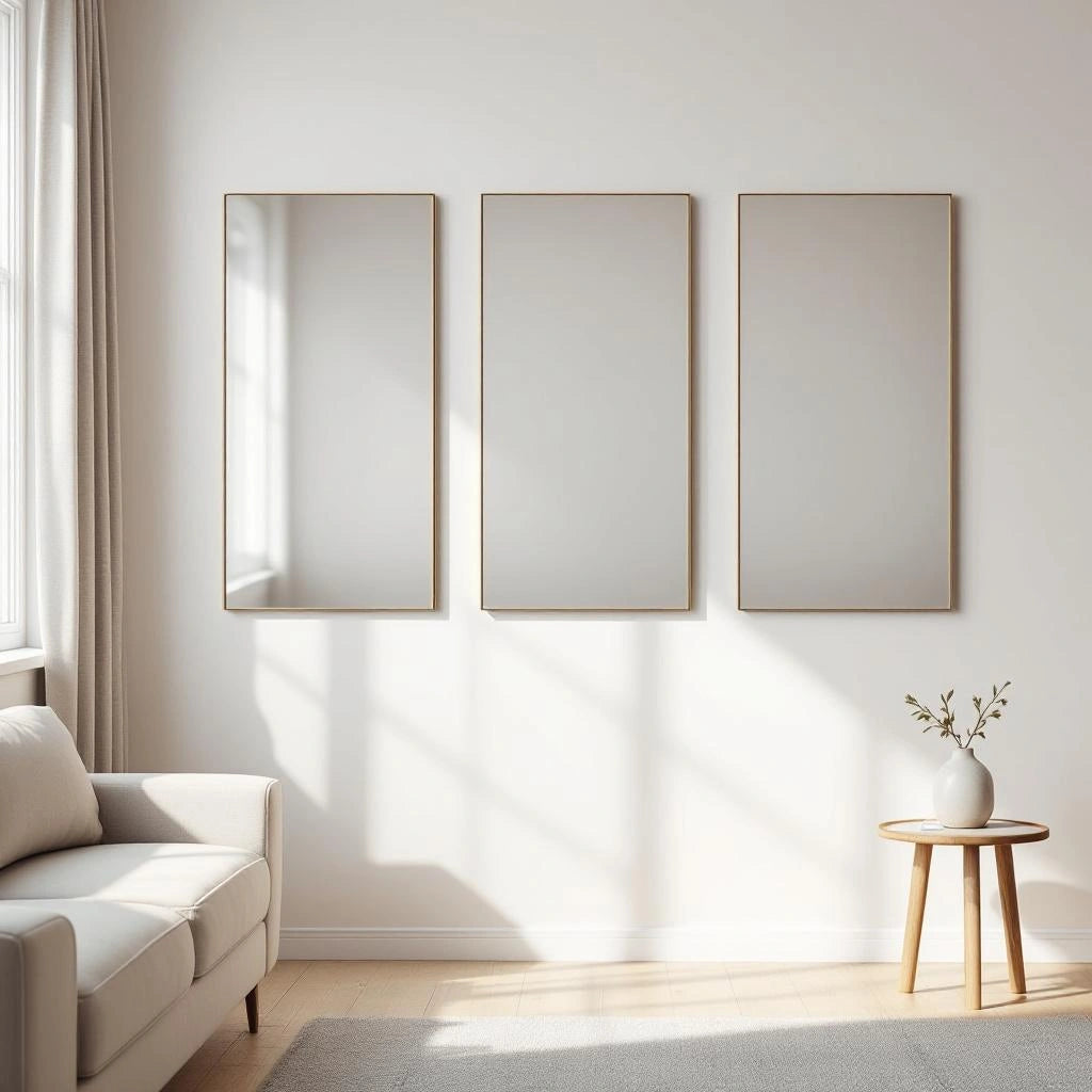 Espelhos decorativos adesivos em acrílico em composição vertical na sala - Vittara Decor