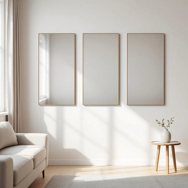 Espelhos decorativos adesivos em acrílico em composição vertical na sala - Vittara Decor