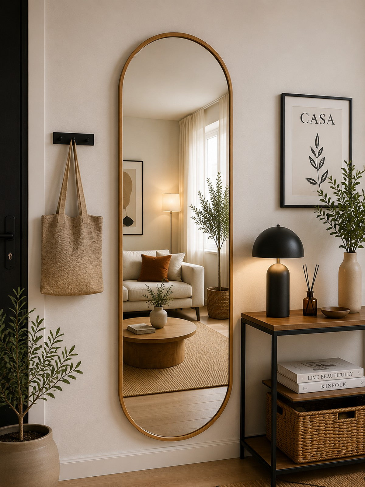 Espelho cápsula caramelo no hall ao lado de cabideiro e console - Vittara Decor