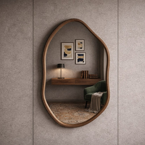 Espelho orgânico 70x50 cm com moldura em couro na cor dourado - Vittara Decor