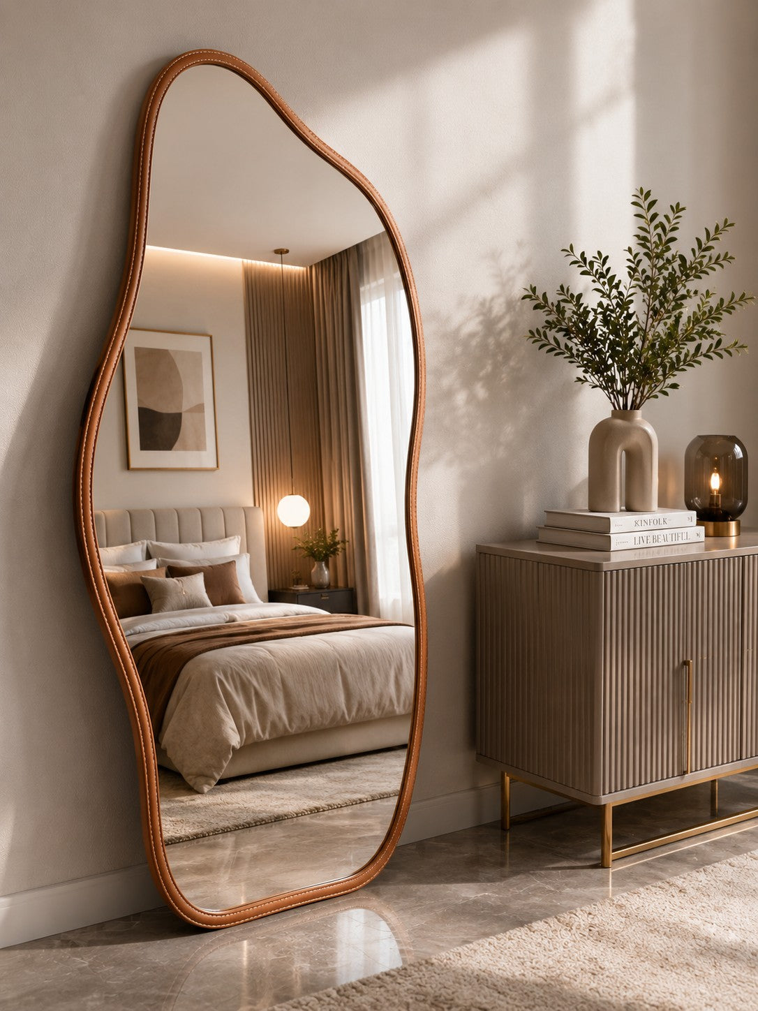 Espelho orgânico caramelo em quarto com piso de mármore e aparador - Vittara Decor
