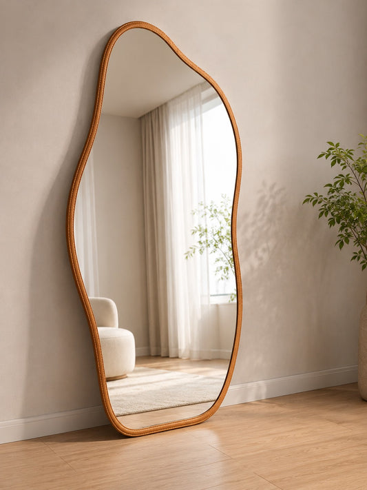 Espelho orgânico de corpo inteiro caramelo encostado na parede da sala - Vittara Decor