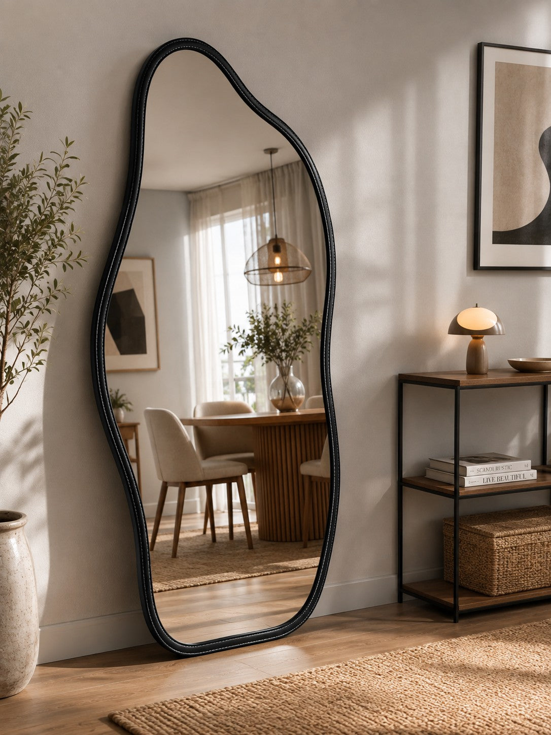 Espelho orgânico preto refletindo a sala de jantar com luz natural - Vittara Decor