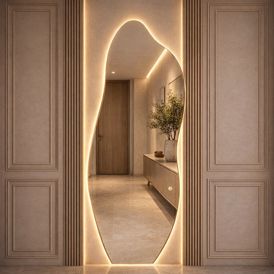 Espelho orgânico lapidado com LED de luz quente contornando toda a borda - Vittara Decor
